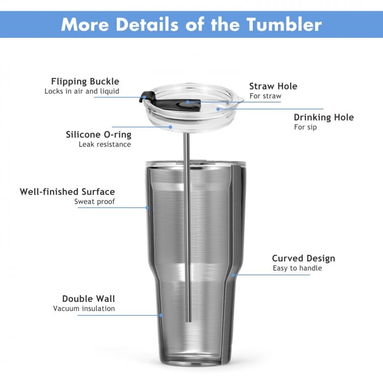30oz stainless steel tumbler with double wall vacuum insulation, curved design, and silicone sealing ring for spill.