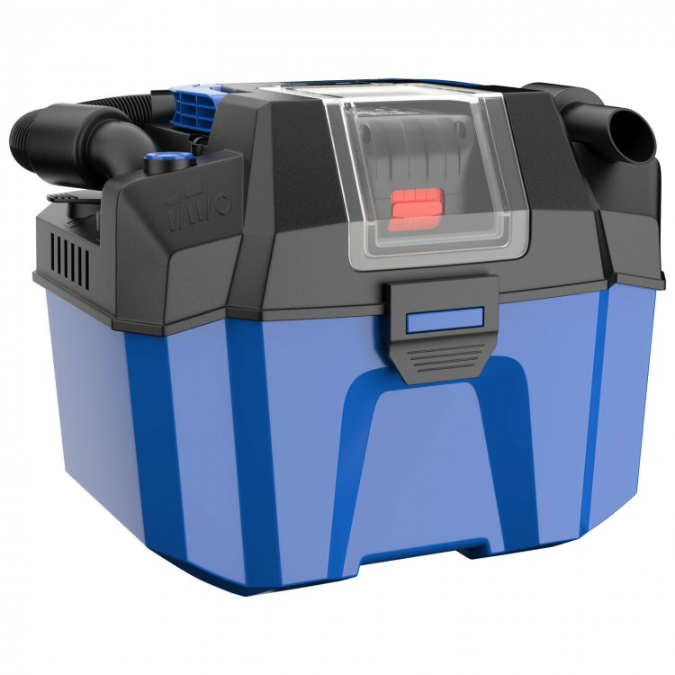 Cordless 18V wet-dry vacuum in blue with 2.7-gallon tank, 4 peak HP, and ergonomic handle for easy transport.