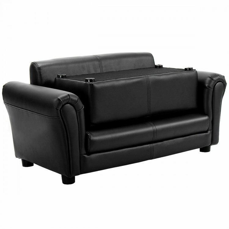 Kids double sofa in black with matching ottoman, perfect for reading or watching TV in a playroom or bedroom.