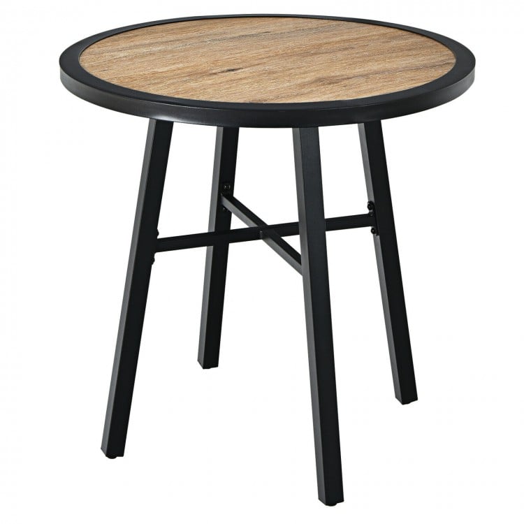 29-inch round patio bistro table with a wood-like top and sturdy steel frame, perfect for indoor and outdoor use.