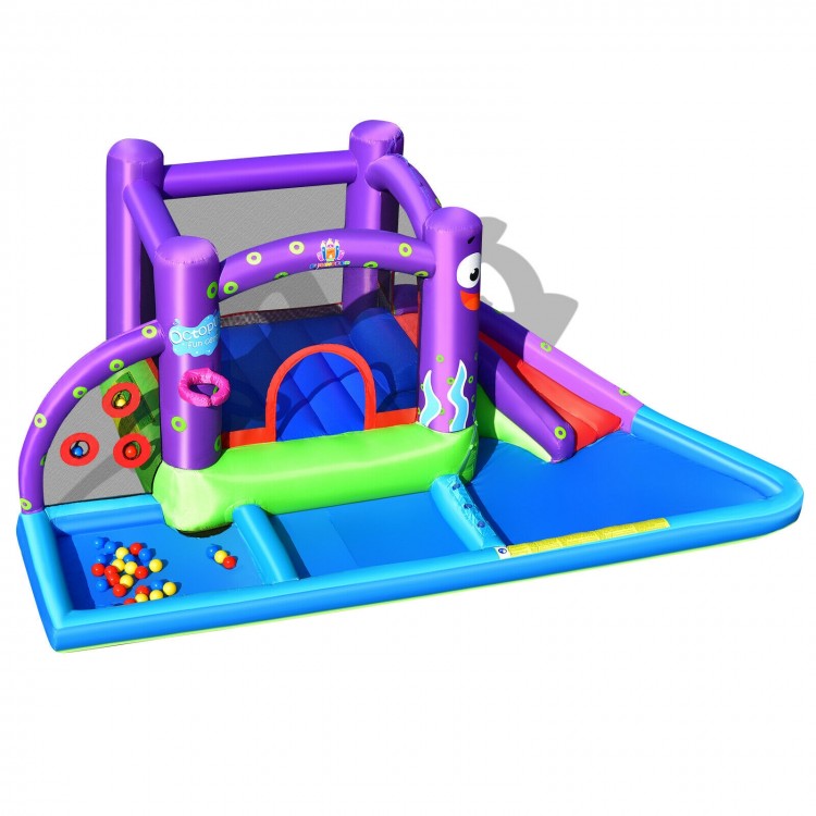 Colorful inflatable water slide castle featuring a jumping area, splash pool, and basketball rim for backyard fun.