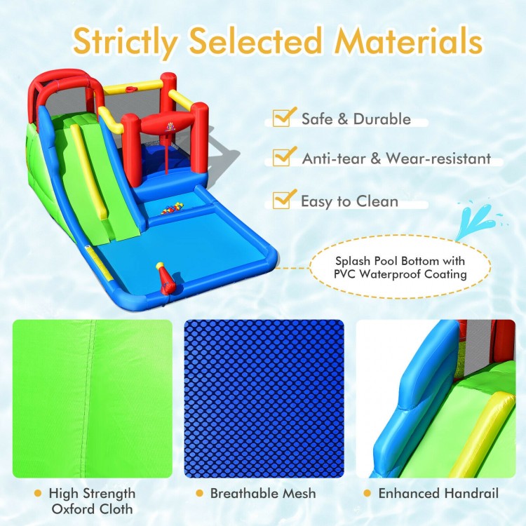 Inflatable water slide for kids featuring a climbing wall, slide, and splash pool, made from durable oxford cloth.