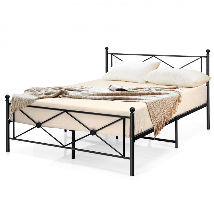Full/Queen size metal bed frame with headboard, featuring sturdy slats and under-bed storage, perfect for modern.
