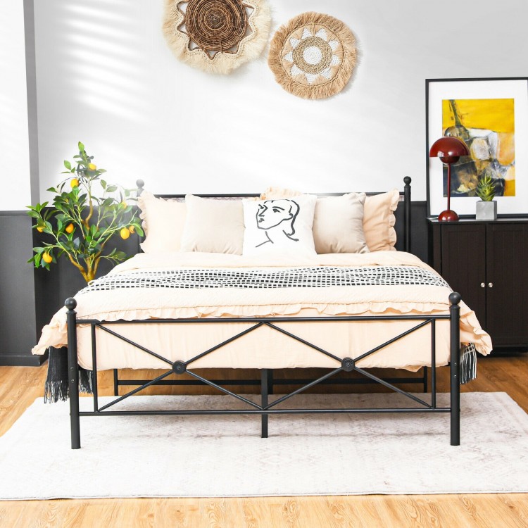 Full/Queen size metal bed frame with elegant headboard, sturdy slats, and 13.5" under-bed storage for versatile use.