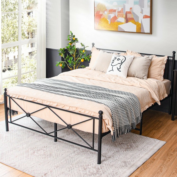 Full/Queen size metal bed frame with headboard, featuring heavy-duty slats and under-bed storage for versatile bedroom.