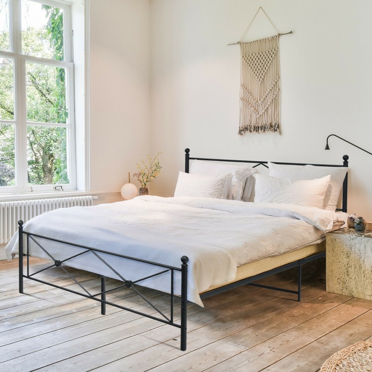 Full/Queen size metal bed frame with elegant headboard, sturdy construction, and 13.5" under-bed storage for versatile.