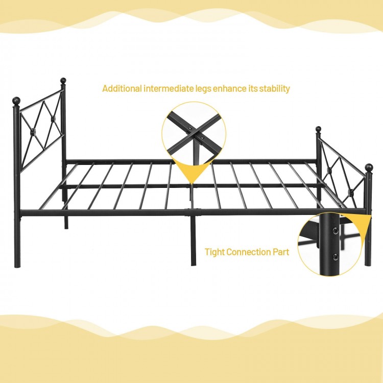 Full/Queen size metal bed frame with headboard, featuring sturdy metal slats and additional support legs for enhanced.