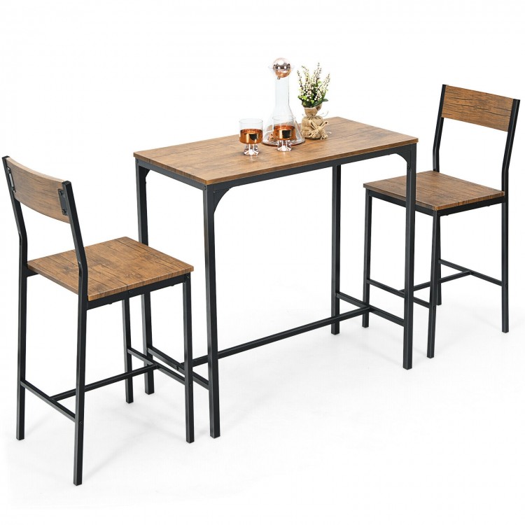 Bar table set with two stools in black, featuring a wood grain tabletop and ergonomic backrests for comfort.