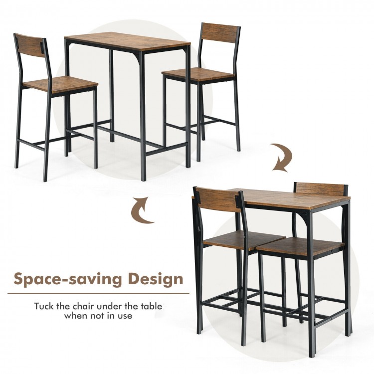 Bar table set featuring a black frame with wood grain tabletop and two stools, designed for space-saving convenience.