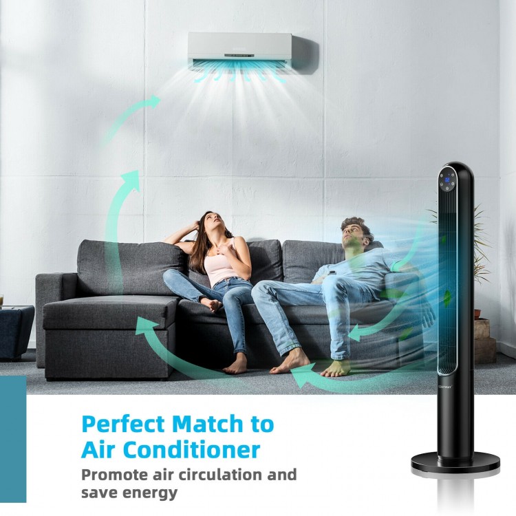 42-inch black tower fan with remote control, 80° oscillation, perfect for home or office air circulation.