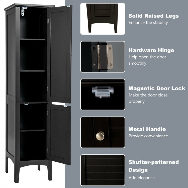Freestanding black bathroom storage cabinet with raised legs, magnetic door lock, and compact design for efficient.