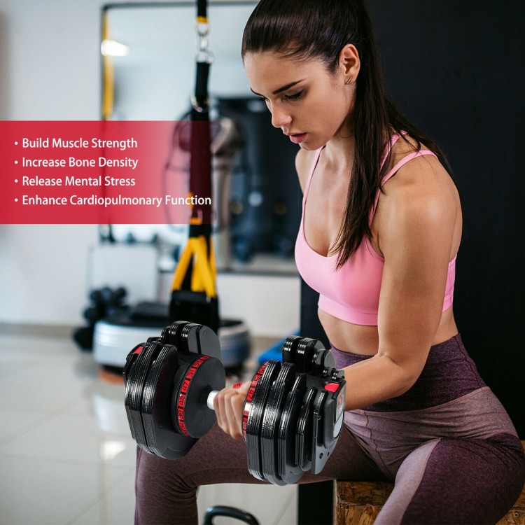 Adjustable 55 lbs dumbbell with ergonomic handle, ideal for strength training and compact storage at home or gym.