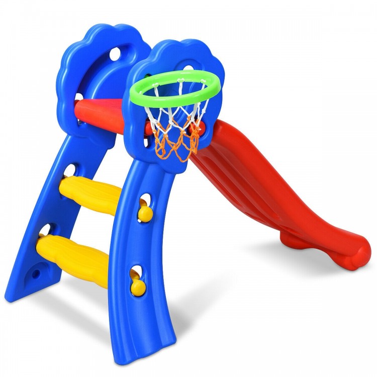 Colorful 2-step indoor kids plastic slide with basketball hoop, designed for safety and physical development.