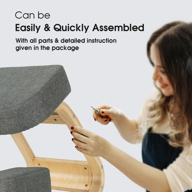 Ergonomic kneeling chair with gray elastic sponge cushion and solid wood structure, designed for easy assembly and.