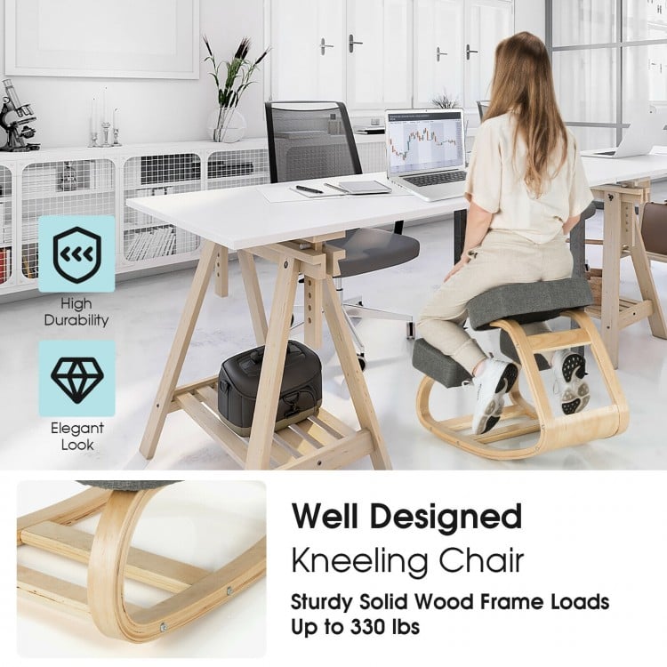Ergonomic kneeling chair with solid wood frame, gray elastic cushion, designed for upright posture and stability.
