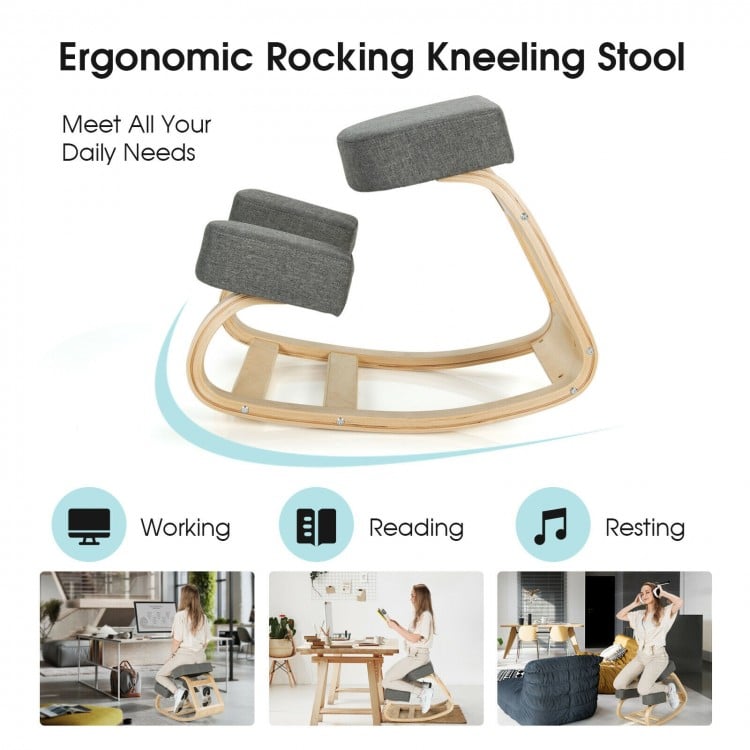 Ergonomic rocking kneeling chair in gray with solid wood base, designed for upright posture and comfort during work or.