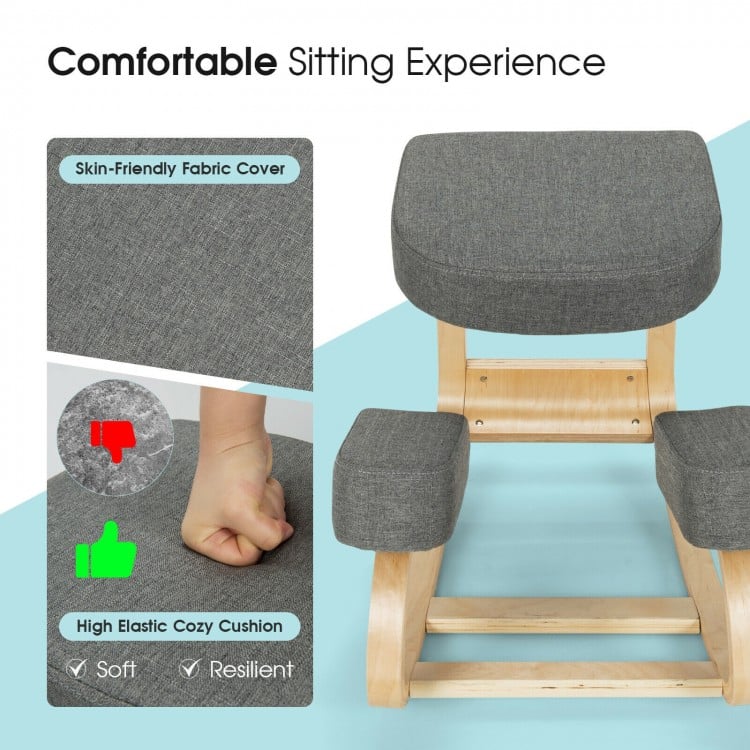 Ergonomic kneeling chair with gray fabric cover and elastic cushion, designed for comfortable and upright sitting.