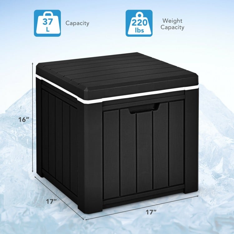 Black 10-gallon storage cooler with removable lid, 220 lbs capacity, ideal for outdoor activities and BBQs.