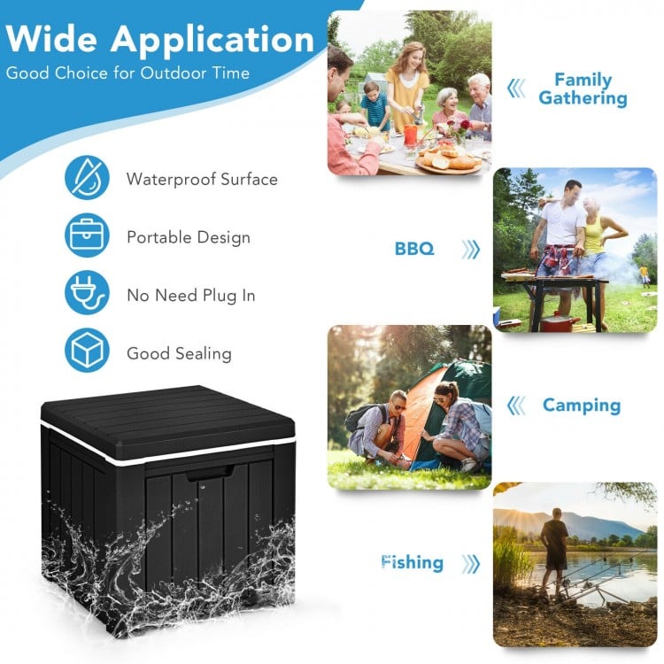 10-gallon black storage cooler with removable lid, waterproof PP material, ideal for BBQs, camping, and outdoor.