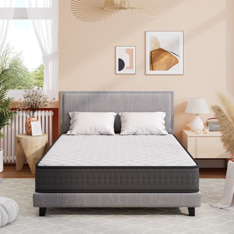 Medium firm 8-inch memory foam mattress shown on a bed frame, featuring breathable polyester cover for comfort and.