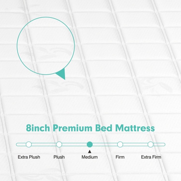 Close-up of the 8-inch medium firm memory foam bed mattress with breathable polyester cover for pressure relief.