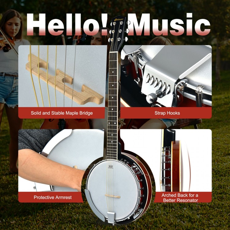 39-inch Sonart banjo with open back, stable maple bridge, and 24 steel brackets for bright sound and easy tuning.