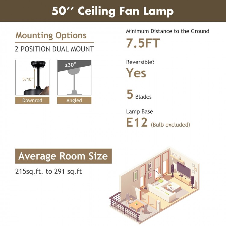 50-inch noiseless ceiling fan lamp with explosion-proof glass shades, featuring reversible blades for year-round.
