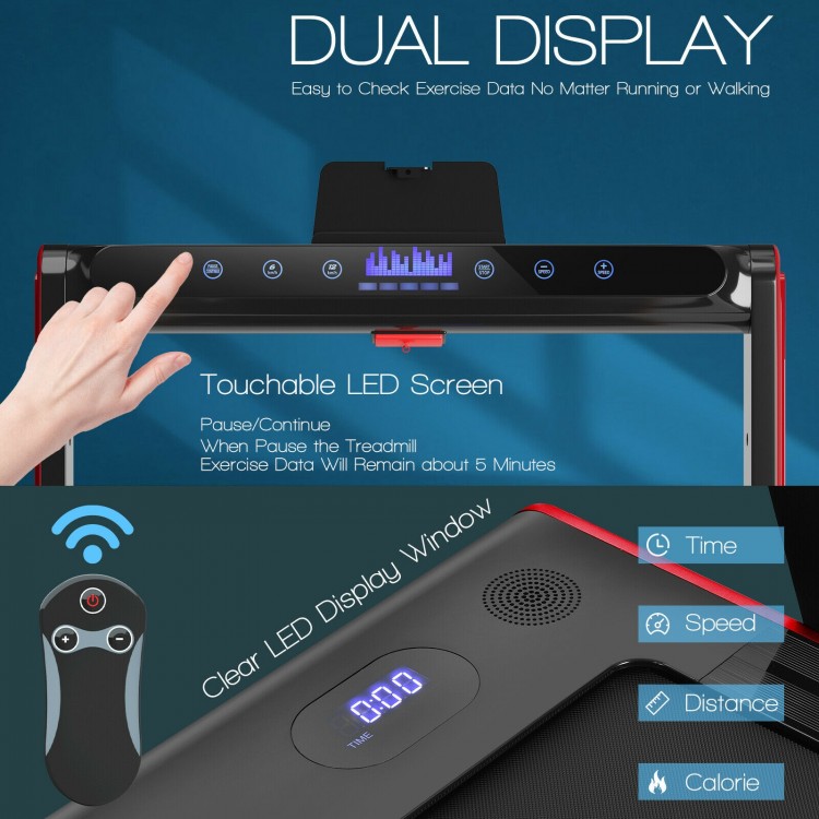 Dual LED display of the 2-in-1 folding treadmill, showing time and speed for convenient exercise tracking.