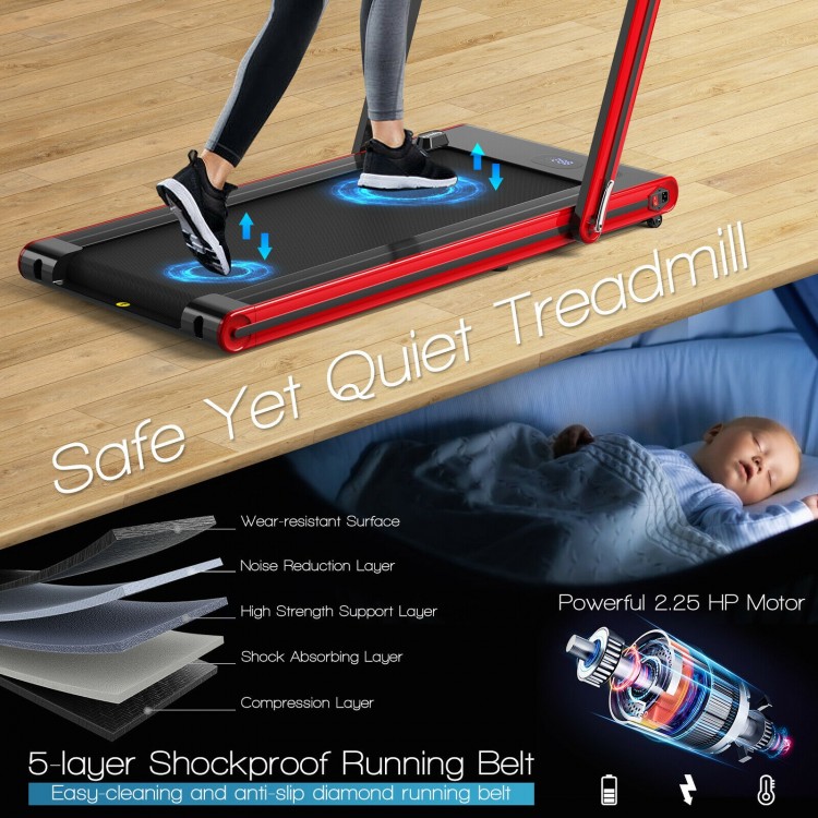 2-in-1 folding treadmill with 5-layer shockproof running belt and dual LED display for safe, noiseless workouts.