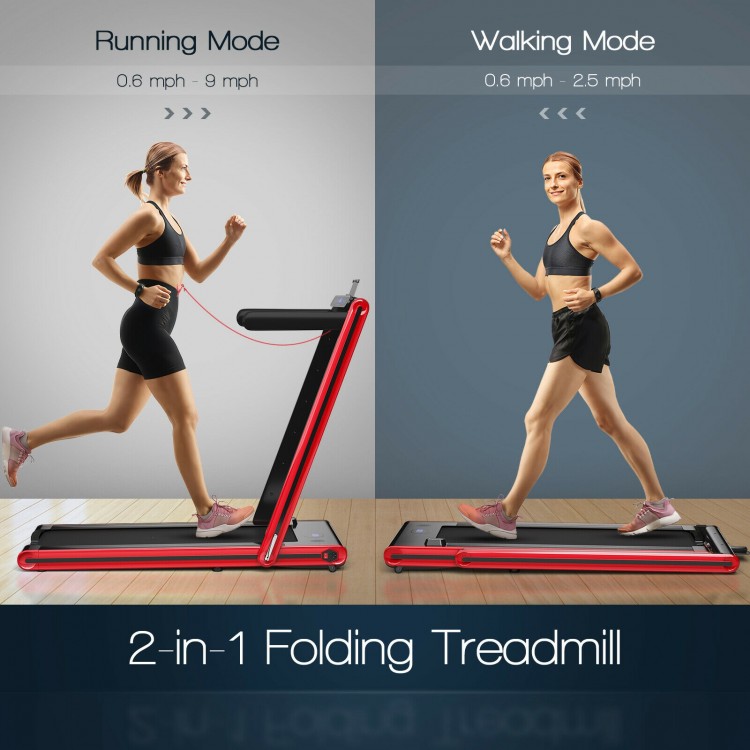 2-in-1 folding treadmill in running and walking modes, featuring a red design, LED displays, and Bluetooth connectivity.