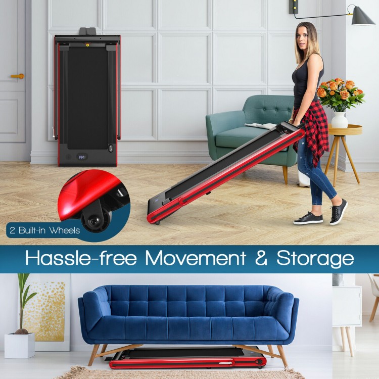 Folding treadmill with dual LED display and built-in wheels, perfect for easy storage and home workouts.