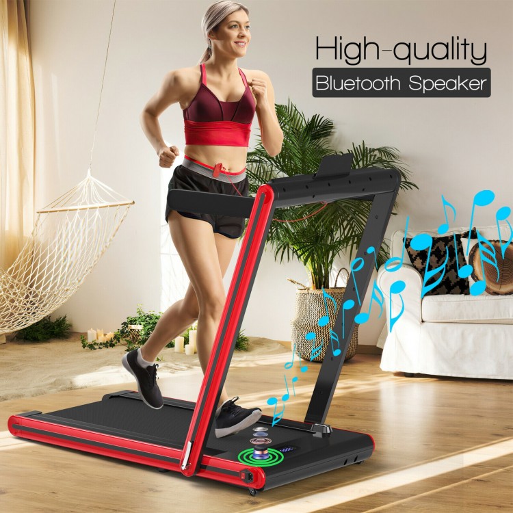 2-in-1 folding treadmill with Bluetooth speaker, LED display, and remote control for convenient walking or running.