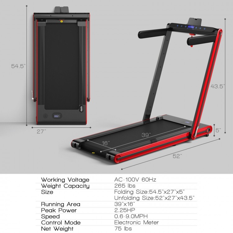 2-in-1 folding treadmill with red accents, featuring dual LED displays and compact design for easy storage and mobility.