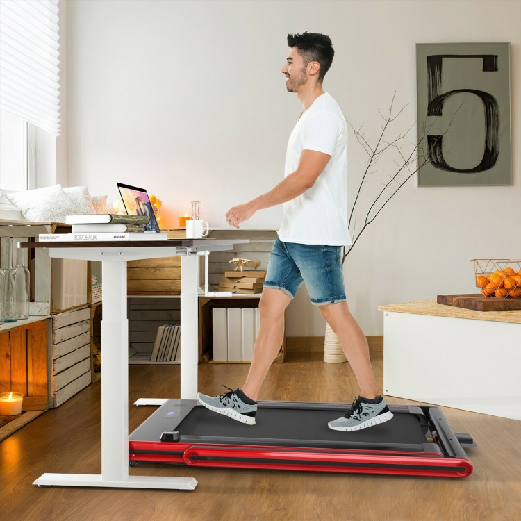 Folding treadmill with dual LED display, 2.25HP motor, and remote control, perfect for walking or running at home.