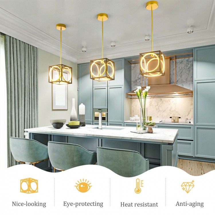 Modern LED pendant light in golden finish, featuring adjustable suspender, ideal for kitchen and living room decor.