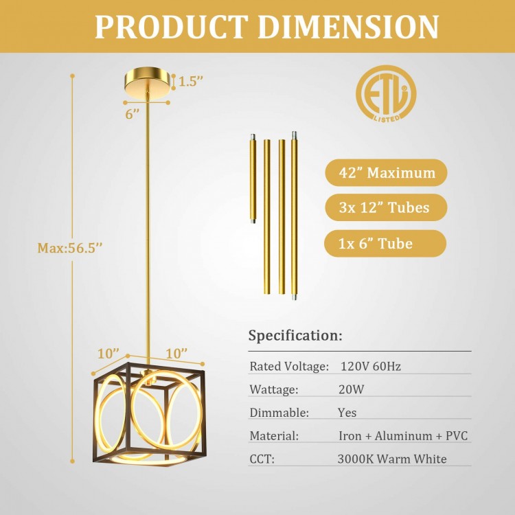 Modern LED pendant light with adjustable 42-inch suspender, golden finish, ideal for kitchen and living room lighting.