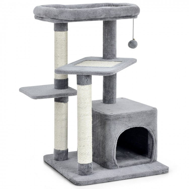Gray cat tree with plush perch, scratching posts, and cozy condo, perfect for indoor play and relaxation.