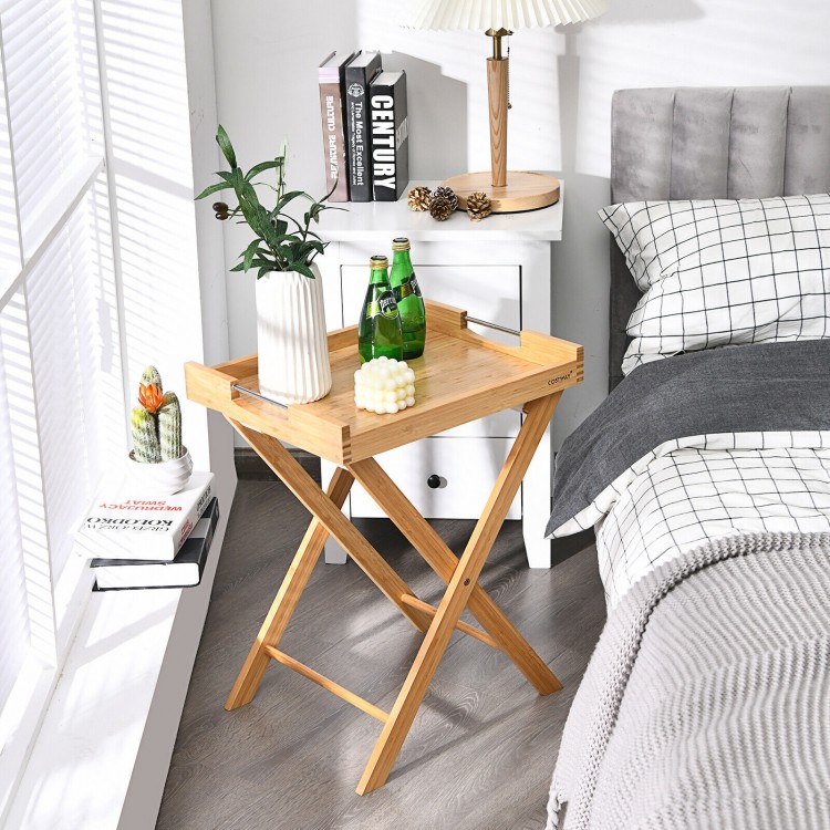 Bamboo lipped snack side table with removable tray top and folding base, ideal for coffee or TV tray use.