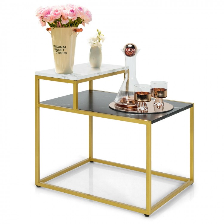 Elegant 2-tier end side table with metal frame, marble patterns, and adjustable foot pads for living room storage.