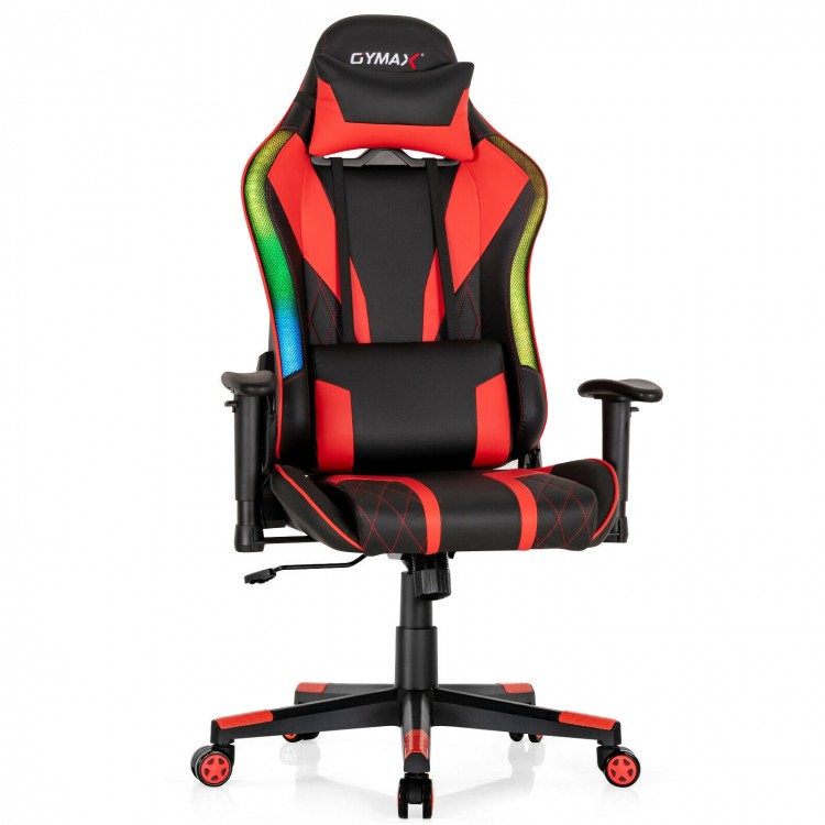 Ergonomic red and black gaming chair with RGB LED lights, adjustable height, and lumbar support for ultimate comfort.