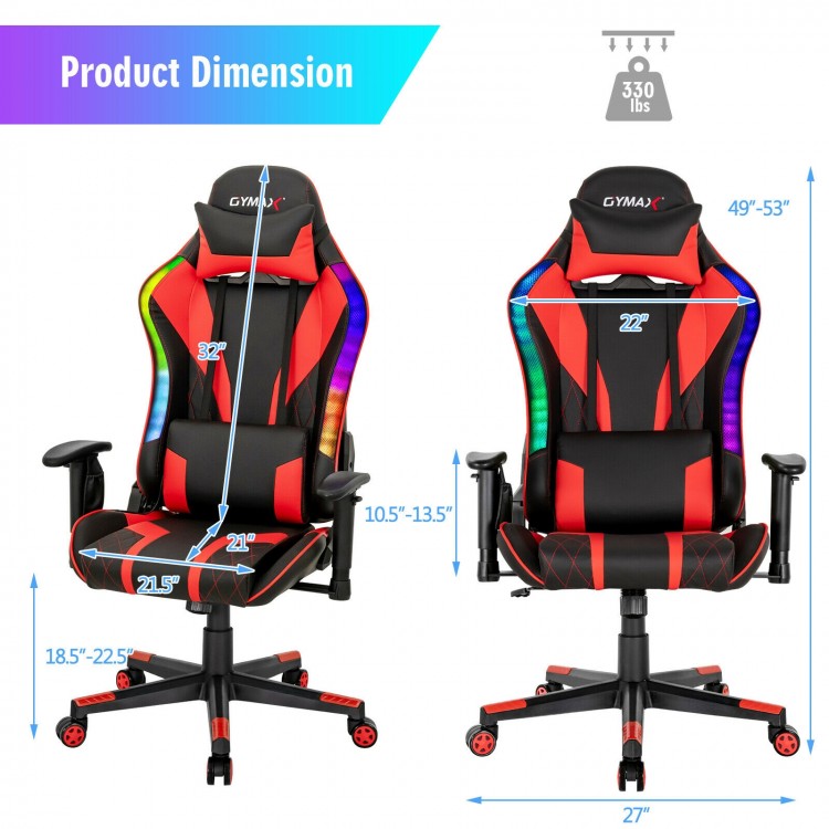 Adjustable gaming chair with dynamic RGB LED lights, ergonomic design, and sturdy base, suitable for gaming and working.