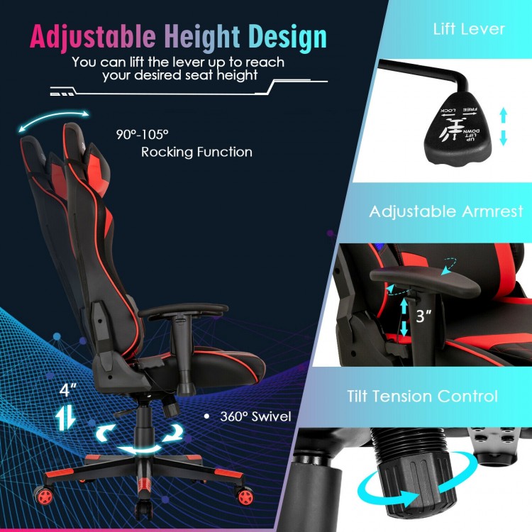 Adjustable gaming chair with RGB LED lights, ergonomic design, and 360° swivel for enhanced comfort and stability.