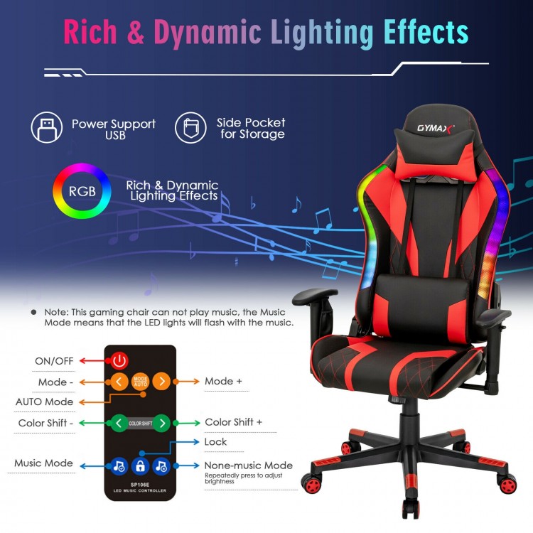 Ergonomic gaming chair with red and black design, dynamic RGB LED lights, adjustable height, and lumbar support for.