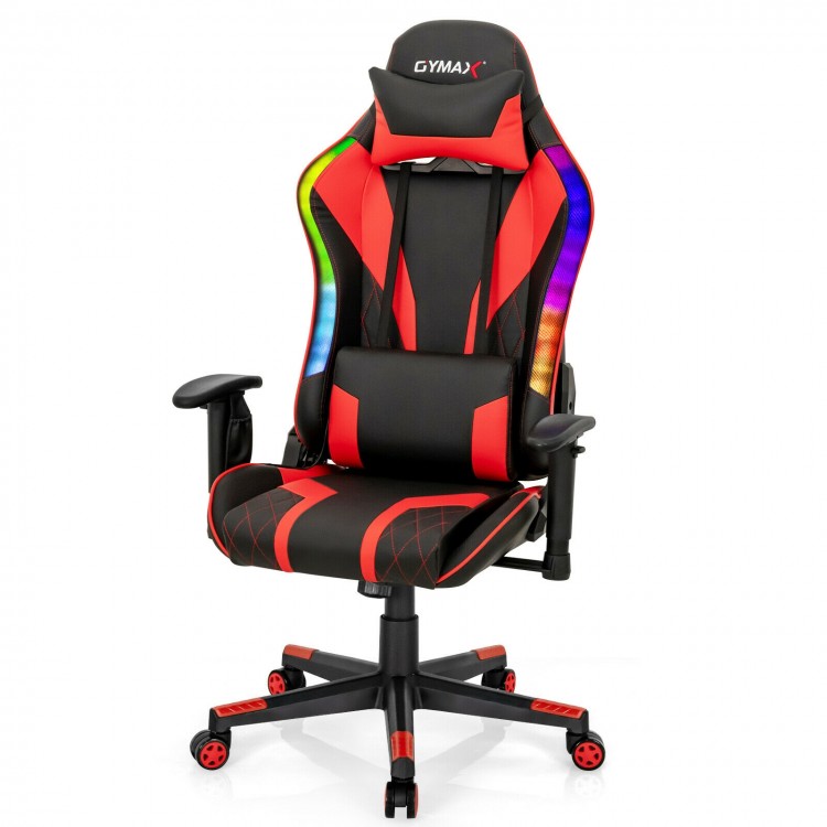 Ergonomic red and black gaming chair with adjustable lumbar support, RGB LED lights, and smooth rolling casters.