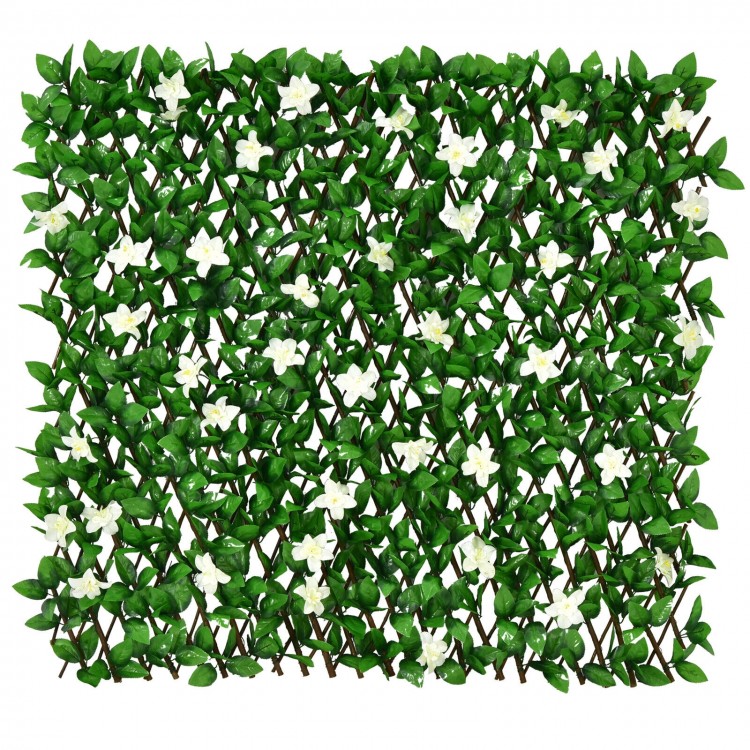 Artificial ivy privacy screen fence panel with realistic white flowers, easily expandable for customized decorative.