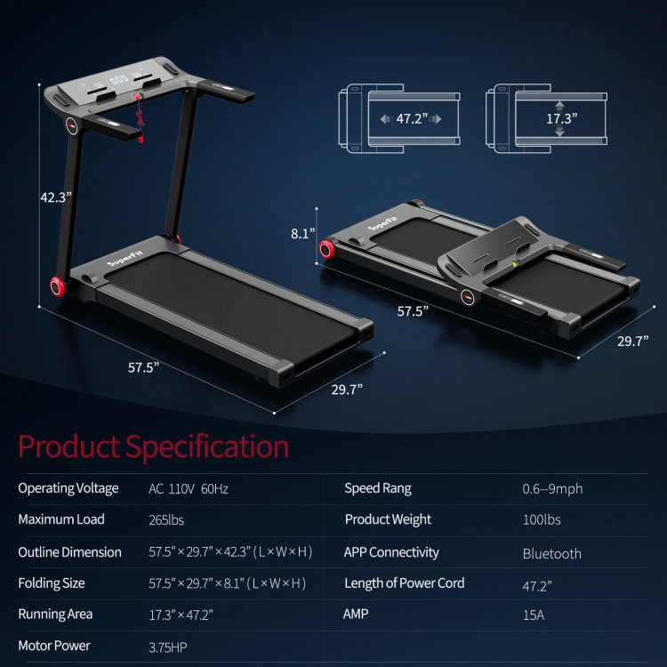 Folding treadmill with 3.75HP motor, LCD display, and Bluetooth app for home workouts, shown in folded position.