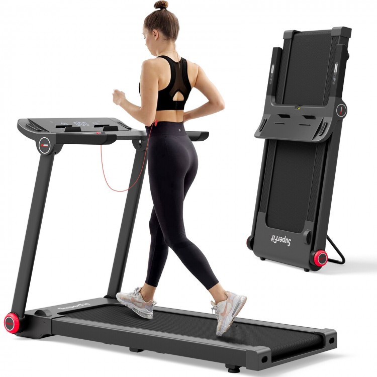 Folding treadmill with 3.75HP motor, 5-layer anti-slip belt, and Bluetooth connectivity for home workouts.