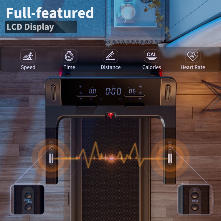 Full-featured LCD display of the 3.75HP folding treadmill showing speed, time, distance, calories, and heart rate.