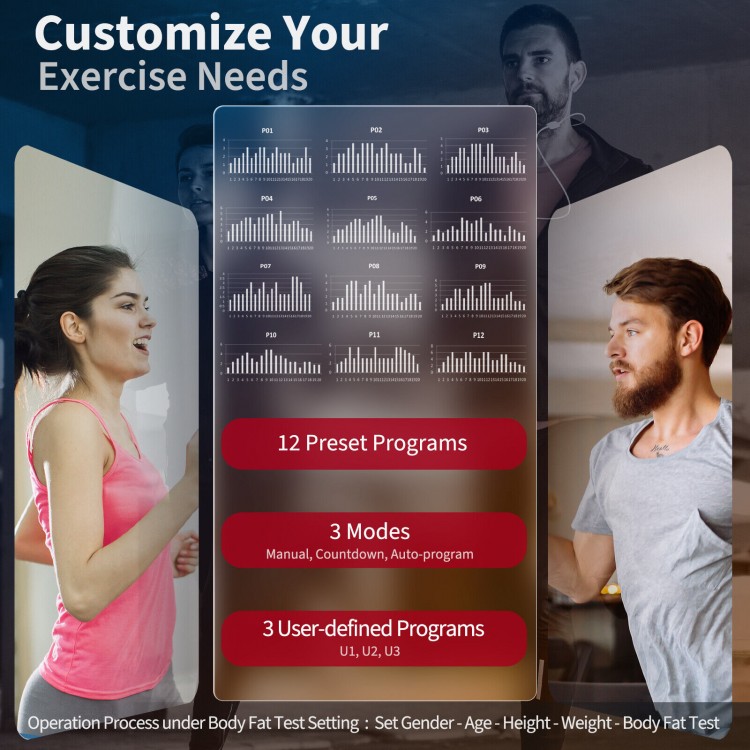 Folding treadmill with LCD display, 12 preset programs, and Bluetooth connectivity for home workouts.