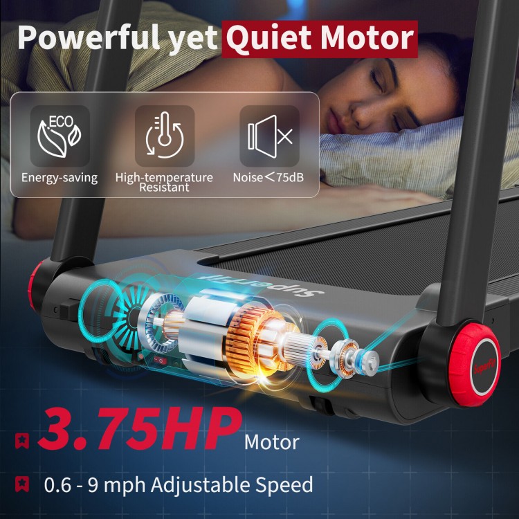 Close-up of the 3.75HP motor in the folding treadmill, showcasing its quiet operation and adjustable speed features.